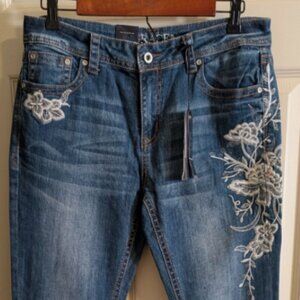 Grace Womes Size 30 Embellished Boot Leg Distressed Denim Jeans NWT